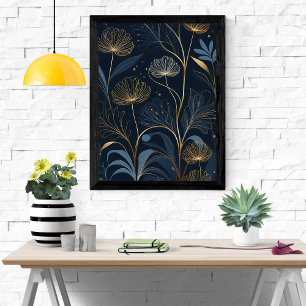 Poster Golden Floral Dreams - Marine Blue & Gold Art