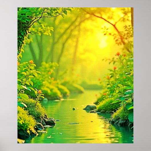 Poster Golden Forest Stream Peaceful Art (Devant)
