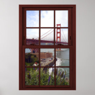 Poster Golden Gate Bridge Faux Cherry Wood Window