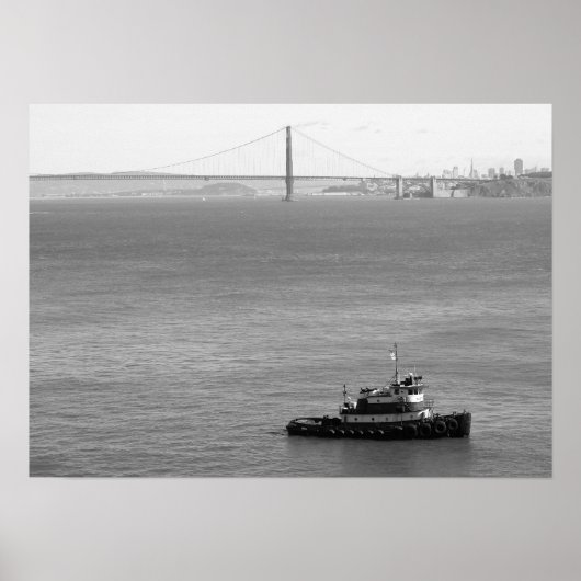 Poster Golden Gate Bridge, Tug Boat, noir et blanc (Devant)