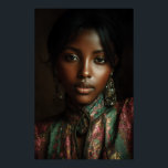 Poster Golden Glow Melanin Regal Headscarf Portrait<br><div class="desc">Golden light caresses rich brown skin, illuminating sharp cheekbones, glossy lips, and intense dark eyes beneath a luxurious emerald-magenta-gold paisley headscarf. Elaborate antique gold earrings with dangling gems frame her face, while the high-neck embroidered garment in jewel tones adds regal texture and depth. The intimate close-up against a moody dark...</div>