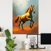 Poster Golden Horse Rears, Flowing Mane, Vibrant (Bureau à domicile)
