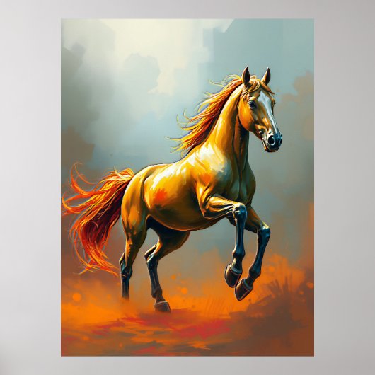 Poster Golden Horse Rears, Flowing Mane, Vibrant (Devant)