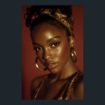 Poster Golden Hour Melanin Beauty Headwrap Portrait<br><div class="desc">Golden-hour light bathes rich brown skin in a warm, luminous glow, accentuating sharp cheekbones, glossy lips, and piercing eyes framed by natural lashes. A vibrant red-gold patterned headwrap crowns her head in elegant volume, while large hammered gold hoops add timeless shine against a solid burnt-orange backdrop. The intimate close-up radiates...</div>