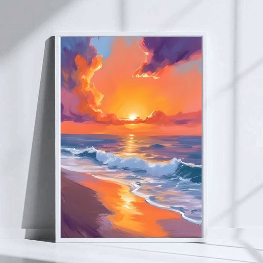 Poster Golden Hour Orange Sunset Beach Peinture Océan