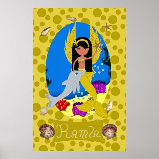 Poster Golden Merfaery and Dolphin Print (Devant)