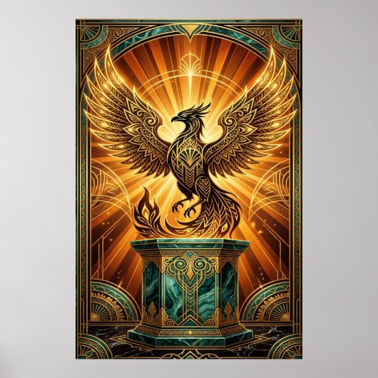 Poster Golden Phoenix Rising Art Deco Illustration (Devant)