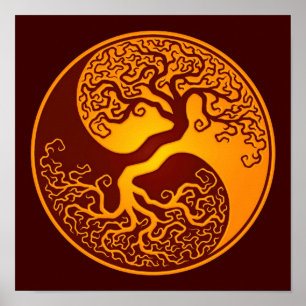 Poster Golden Red Tree of Life Yin Yang