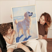 Poster Golden Retriever at the Beach Coastal Art Imprimer