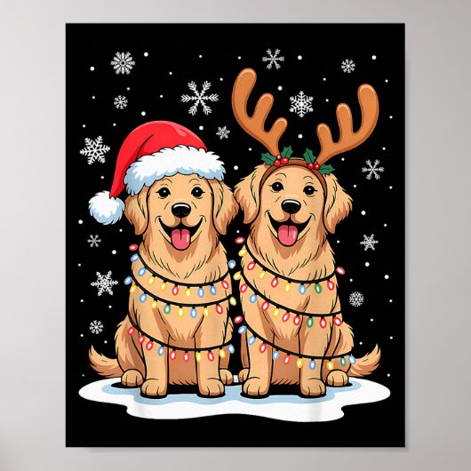 Poster Golden Retriever Christmas Santa Hat Reindeer Ligh (Devant)