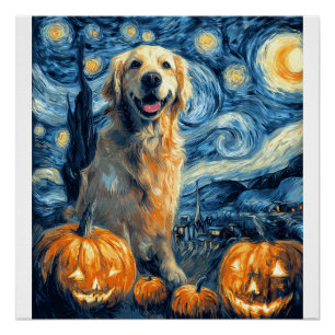 Poster Golden Retriever Citrouille Nuit Étoilée Chien Mam