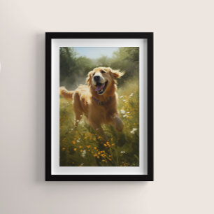 Poster Golden Retriever dans une prairie éclairée