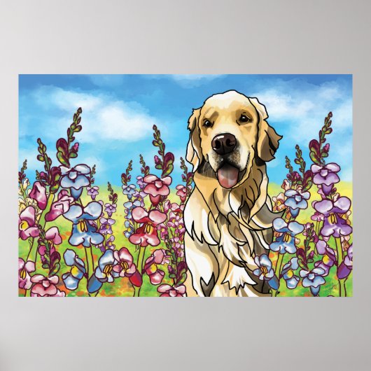 Poster Golden Retriever in a Meadow of Snapdragons (Devant)