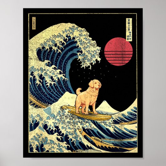 Poster Golden Retriever Japanese Kanagawa Wave Funny Surf (Devant)