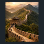 Poster Golden Sunset on the Great Wall<br><div class="desc">This artwork portrays the winding Great Wall of China stretching across green hills under a golden sunset. Watchtowers punctuate the stone pathway as it follows the mountain ridges,  evoking centuries of history and human endeavor. It celebrates the grandeur of ancient engineering and the harmony between architecture and landscape.</div>
