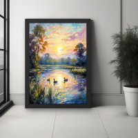 Golden Tranquillité Sunset Pond Paysage avec canar