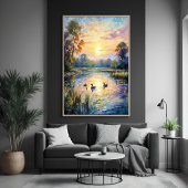 Poster Golden Tranquillité Sunset Pond Paysage avec canar