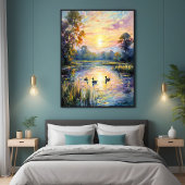Poster Golden Tranquillité Sunset Pond Paysage avec canar