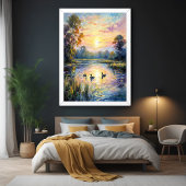Poster Golden Tranquillité Sunset Pond Paysage avec canar