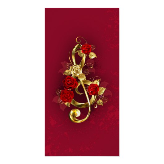Poster Golden Treble Clef avec fleurs Roses (Devant)