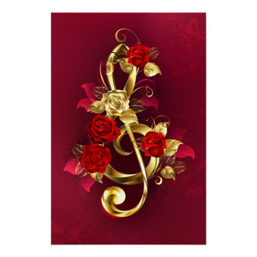 Poster Golden Treble Clef avec fleurs Roses (Devant)