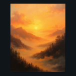Poster Golden Valley Sunrise<br><div class="desc">Il s'agit d'un paysage à couper le souffle représentant une vallée de montagne baignée par la lumière intense et rayonnante d'un lever ou coucher du soleil. Le ciel est dominé par une brillante lueur dorée et orange, rayonnant du soleil central et illuminant les nuages épars. La scène présente des pentes...</div>