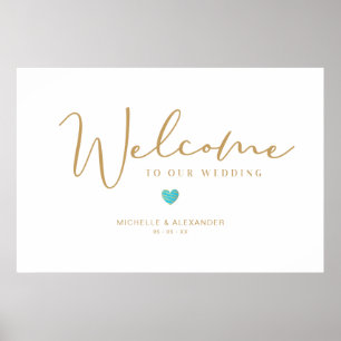 Poster Golden Whimsical Bienvenue Mariage Turquoise Coeur