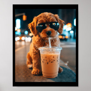 Poster Goldendoodle drôle buvant du café glacé animal
