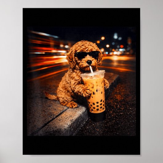 Poster Goldendoodle drôle buvant du café glacé mème anima (Devant)