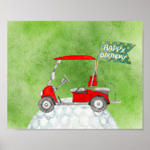 Poster Golf Joyeux Anniversaire avec voiturette de golf a