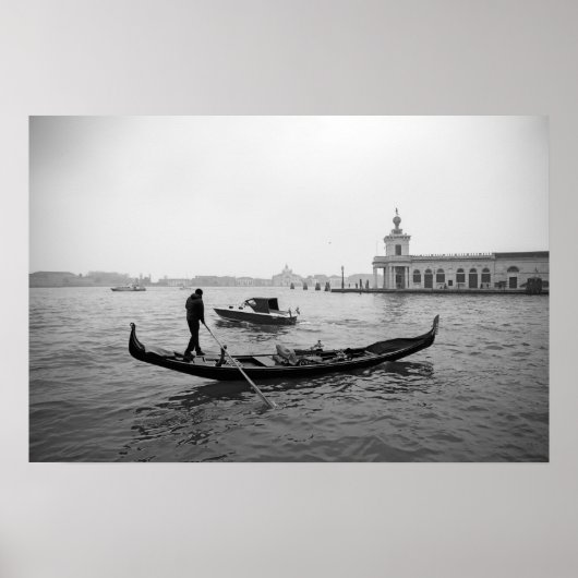 Poster Gondolier Venice Italie paysage noir et blanc (Devant)