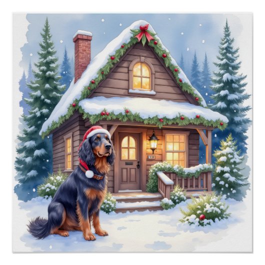 Poster Gordon Setter Snowy Lodge Santa Hat Christmas Art (Devant)