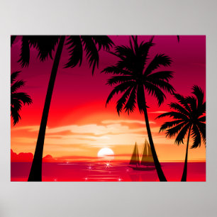 Poster Gorgeous Shimmery Island Sunset & Sailboat