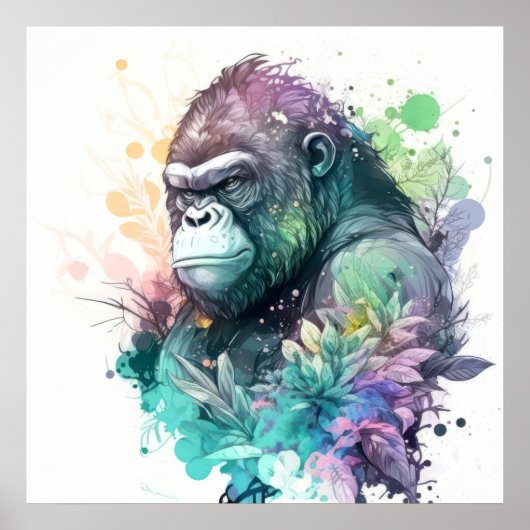 Poster Gorilla Ape Portrait Animal Peinture Faune Libre (Devant)