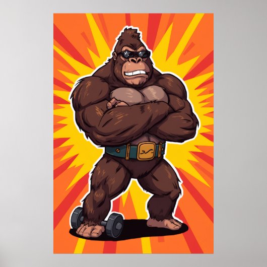 Poster Gorille Bodybuilder Haltérophile Pop Art Cartoon (Devant)
