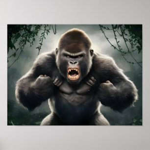 Poster Gorille de singe furieux rugissant dans la jungle