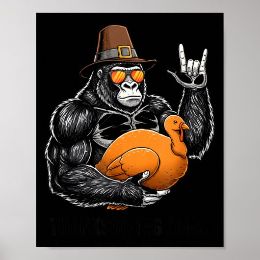 Poster Gorille drôle de Thanksgiving tenant une dinde Lgr (Devant)