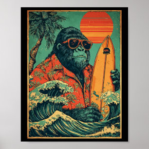 Poster Gorille Rétro Surfeur Hawaïen Animal Surfant Plage