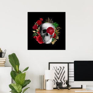 Poster Goth Crâne avec Fleurs rouges et Feuilles d'or