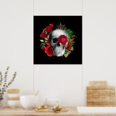 Poster Goth Crâne avec Fleurs rouges et Feuilles d'or (Cuisine)