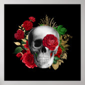 Poster Goth Crâne avec Fleurs rouges et Feuilles d'or (Devant)