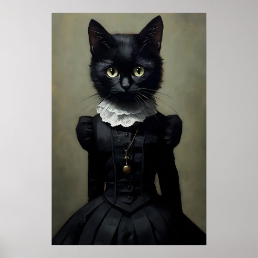 Poster Gothic Black Cat In Dress Print, Dark Academia (Devant)