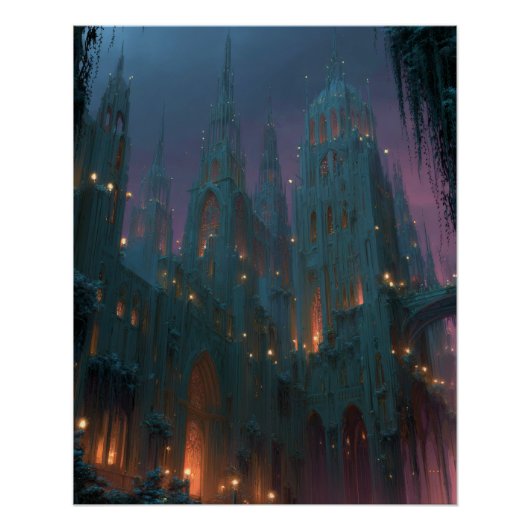 Poster Gothic Castle Under Aurora Fantasy Night Art (Devant)