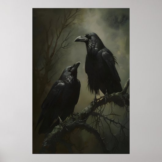 Poster Gothic Crows Art Printable, Birds On Branch Dark (Devant)
