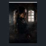 Poster Gothic Lace Woman Misty Stone Chamber<br><div class="desc">A striking woman in intricate black lace stands in profile within a misty, ruined stone chamber lit by soft diffused light through gothic arched windows. Long dark hair flows down her back while an elaborate silver-and-crimson gem necklace rests against her collarbone. Swirling fog and aged stone create layers of depth...</div>