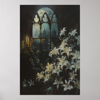 Poster Gothic Lilies Flowers Candlelight Castle Art, Dark