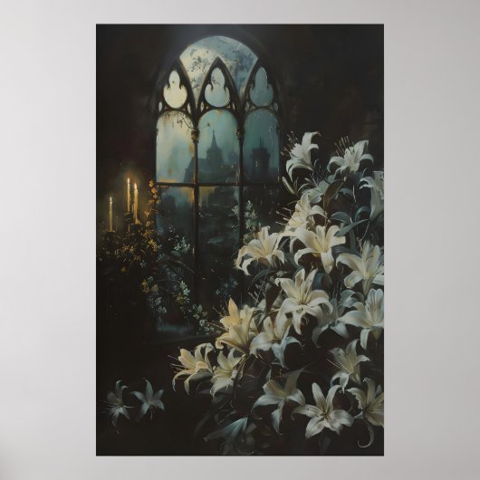 Poster Gothic Lilies Flowers Candlelight Castle Art, Dark (Devant)