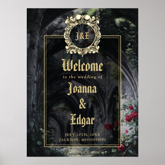 Poster Gothic Ruins Wedding Black And Gold Welcome Sign (Devant)