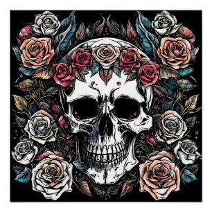 Poster Gothique : Crâne & Rose. artwork AI