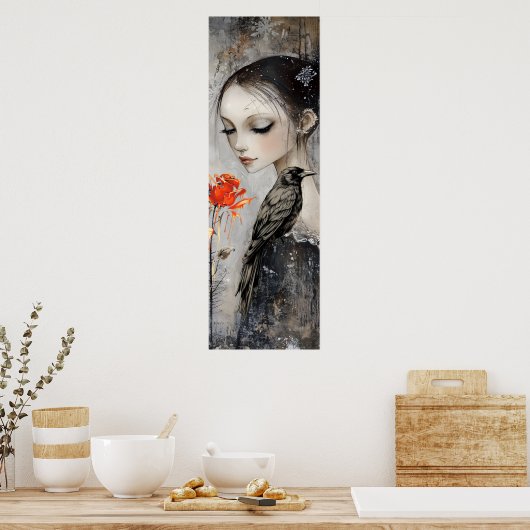 Poster Gothique fille Corbeau Rose rouge (Cuisine)